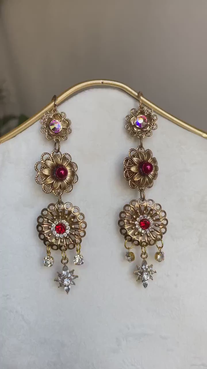 Celestial Earrings, Festival Earrings, Red Earrings, Red Rose Earrings, Summer Earrings, Boho Earrings, Flower Jewellery, Flower earrings