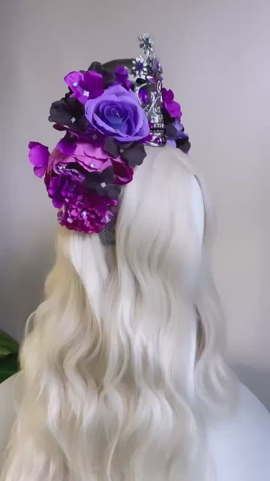 La Catrina crown, purple flower crown, skull tiara, gothic floral headpiece, dia de los muertos, sugar skull crown, statement festival crown