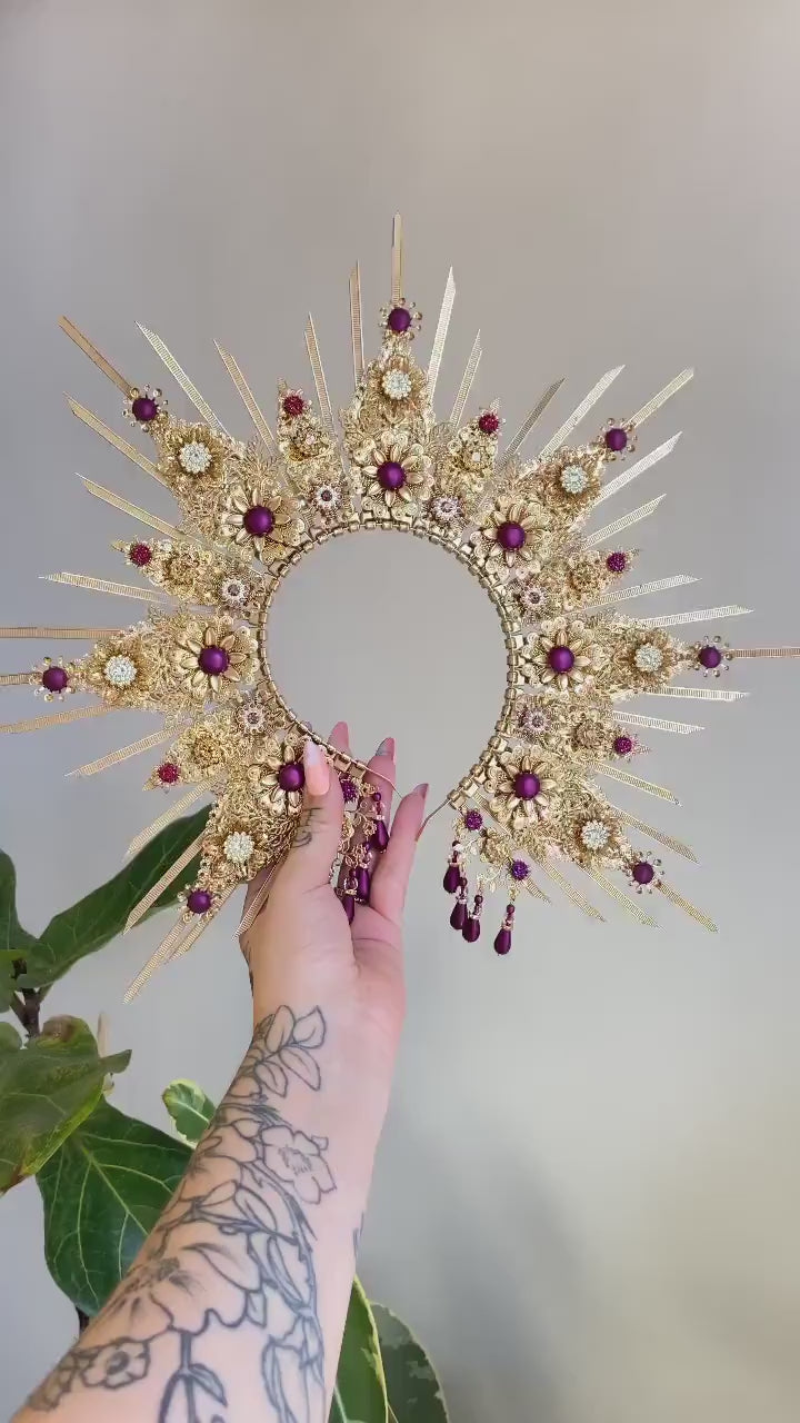 Gold Halo Crown, Halo Headpiece, Festival crown, Festival headpiece, Burgundy Halo, Wedding Crown, Halo crown, Boho Wedding, Halo Headband