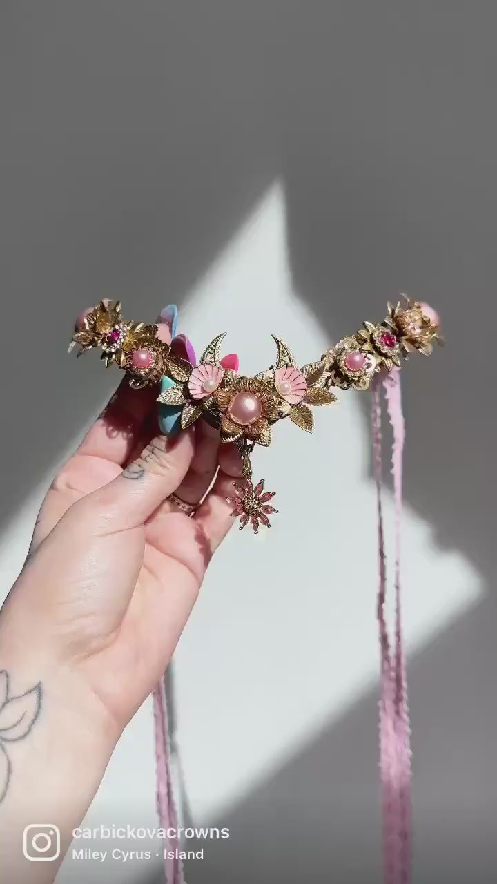 Pink Moon Tiara, Gold Floral Headpiece, Boho Bridal Crown, Festival Tiara, Handmade Goddess Tiara, Pearl Tiara, Fairy Costume Accessory
