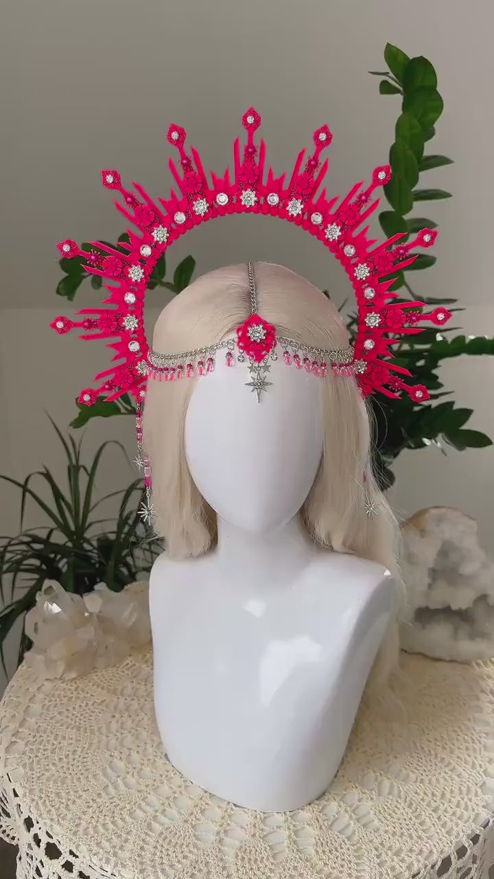 Neon Pink Halo Crown: Festival Rave Headpiece, UV Costume Goddess Headwear