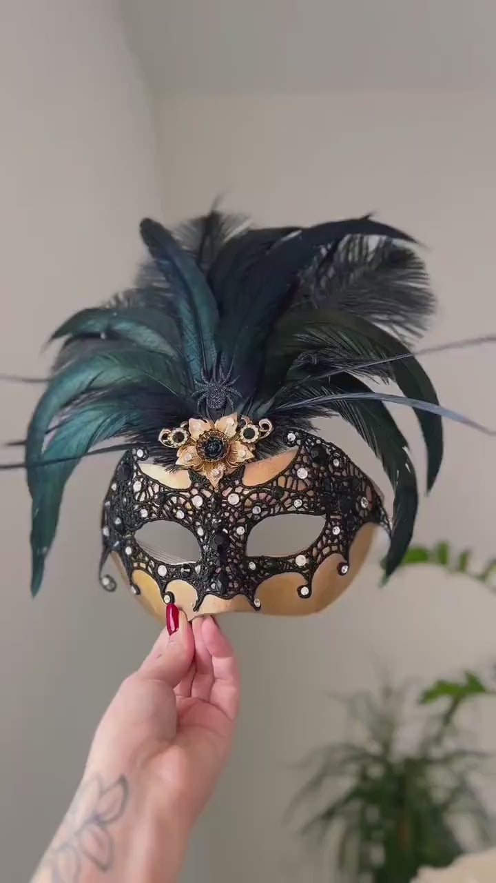 Load and play video in Gallery viewer, Handcrafted Black Lace Bat Mask, Gothic Feather Venetian Carnival, Halloween Masquerade
