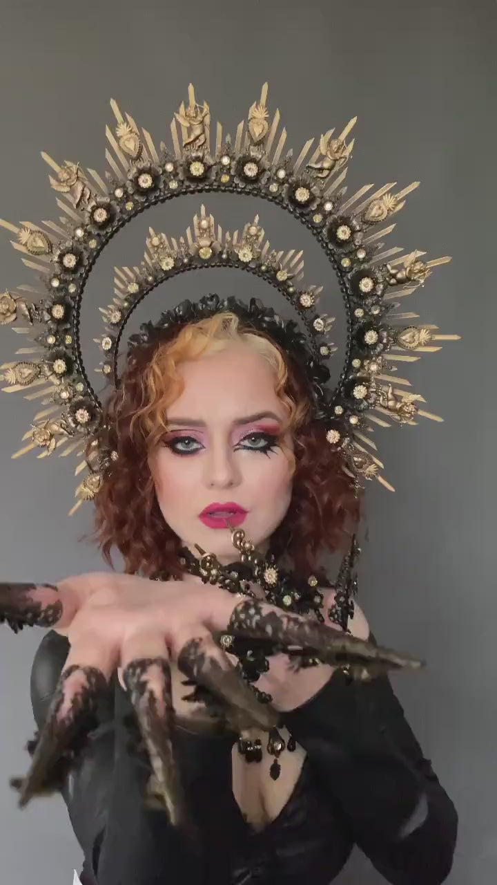 Gothic Halo Crown, Vampire Queen Headpiece, Black Gold Witch Crown, Halloween Headpiece, Dark Goddess Costume, Baroque Crown
