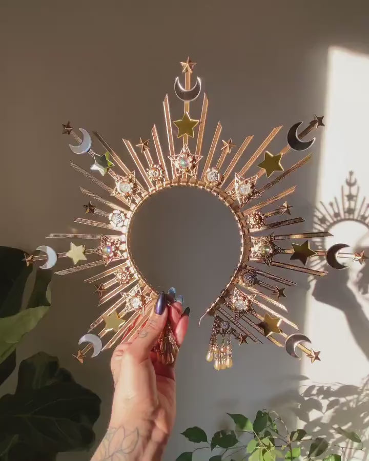 Sun Moon child Halo, Halo, Halo Crown, Halo Headpiece, Halo Headband, Halo Headlights, Crown, Gold Halo, Headpiece, Wedding Crown,Boho Stars