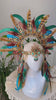 Boho Feather Halo Crown, Turquoise Goddess Festival Headpiece, Antique Gold Statement Headwear