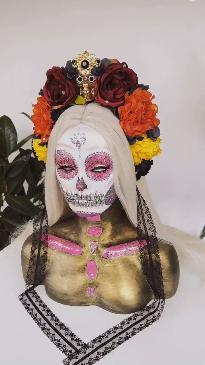 La Catrina Crown, Day of the Dead Tiara, Skull Headdress, Gothic Flower Crown, Halloween Halo, Handmade Festival Headpiece, Red Orange Roses