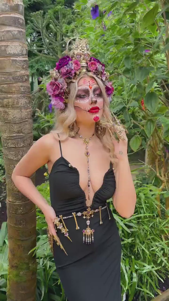 La Catrina Harness Necklace, Gold Body Jewelry, Dia De Los Muertos, Sugar Skull Necklace, Statement Festival Necklace, Mexican Jewelry