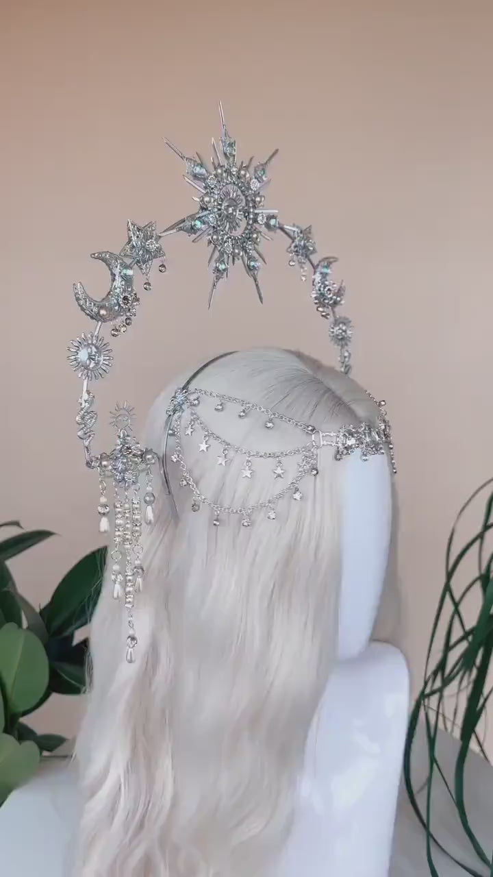 Silver sun crown, Moon crown, Halo Headpiece, Bridal Jewellery, Wedding hair accessories, Bridal headpiece, Wedding crown, Fairy crown