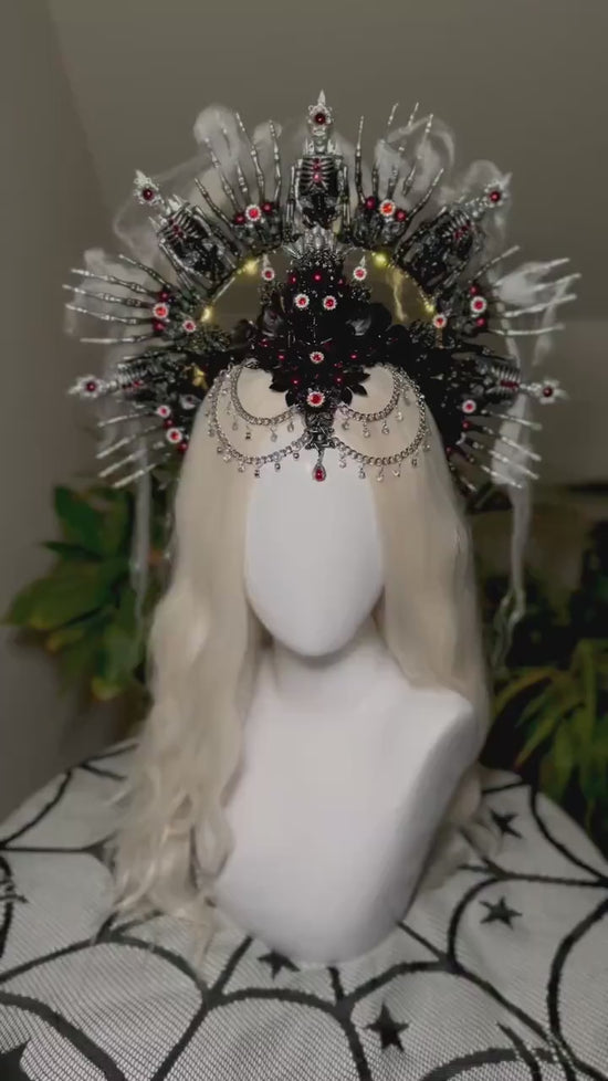 Dark Skeleton Queen Halo Crown Halloween Headpiece Red Black Gothic Skull Light Up Costume Goddess Tiara