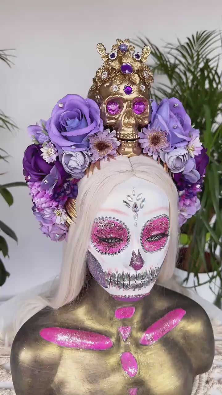 Royal Purple La Catrina Crown, Day of the Dead, Sugar Skull, Dia de los Muertos, Floral Headdress, Festival Headpiece, Mexican Inspired