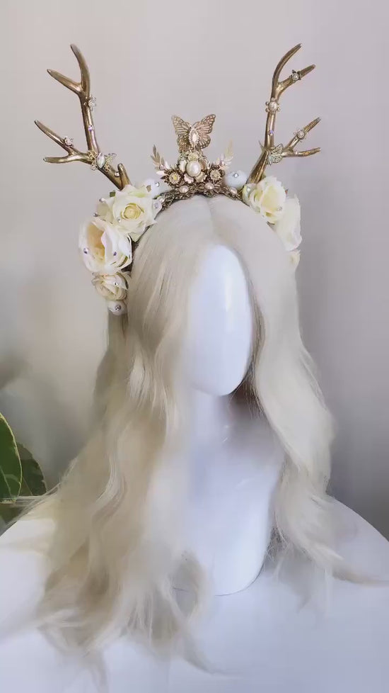 Deer Flower Crown, Headband, Headpiece, Gold Horns Crown, Beige Tiara, Halloween Party Crown, Festival, Burning man, Halloween, Deer Costume