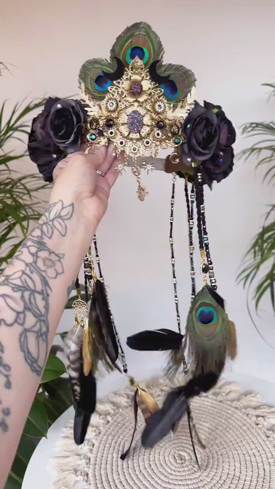 Boho crown, Festival headpiece, Feather crown, Bohemian jewellery, Halloween, Black flower crown, Boho jewelry, Black feather crown, Peacock