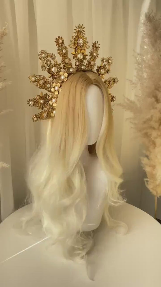 Golden Crown, Wedding Headpiece, Regal Halo, Pearl Tiara, Statement Crown, Bridal Crown, Gold Headpiece, Goddess Tiara, Festival Crown