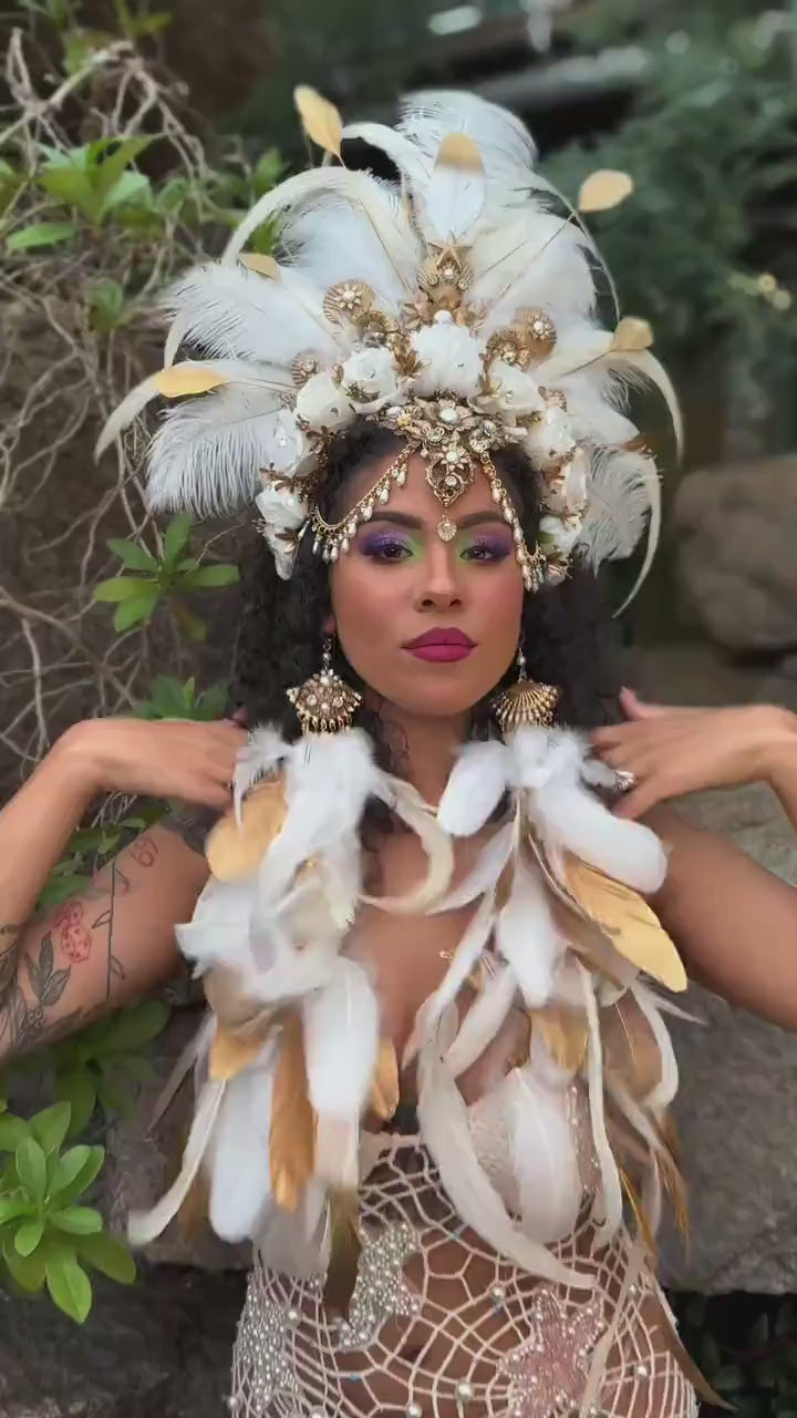 Mermaid Feather Earrings, Seashell Festival Jewelry, Pearl Carnival Earrings, Boho Costume Accessories, Showgirl Statement Earrings