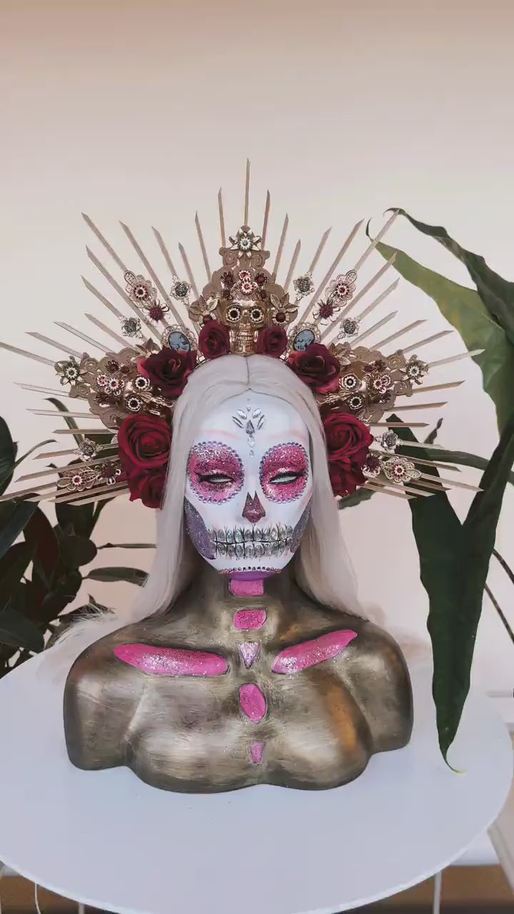 La Catrina Crown, Gold Skull Headdress, Dia de los Muertos Headpiece, Flower Crown, Mexican Halo Tiara, Red Rose Crown, Day of the Dead
