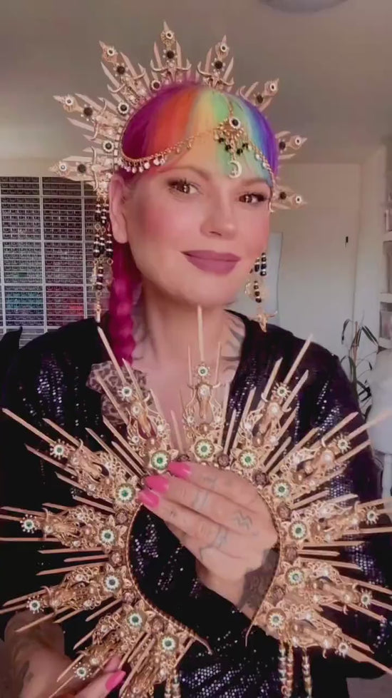 Taurus Crown, Zodiac Crown, Celestial Headpiece, Black Gold Halo Crown, Boho Birthday Crown, Festival Headpiece, Moon Goddess Crown