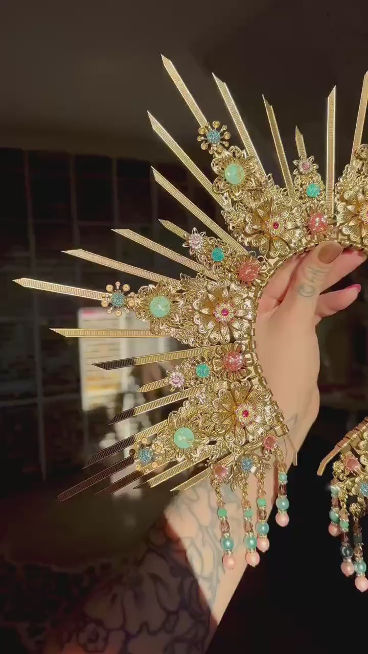 Golden Celestial Halo Crown Turquoise Goddess Bridal Festival Headpiece