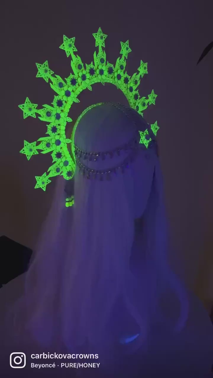 Neon Yellow Star Halo Crown,UV Active Headpiece,Glow In Dark Crown,Neon Festival Headdress,Rave Crown,Handmade Costume,Goddess Crown,UV