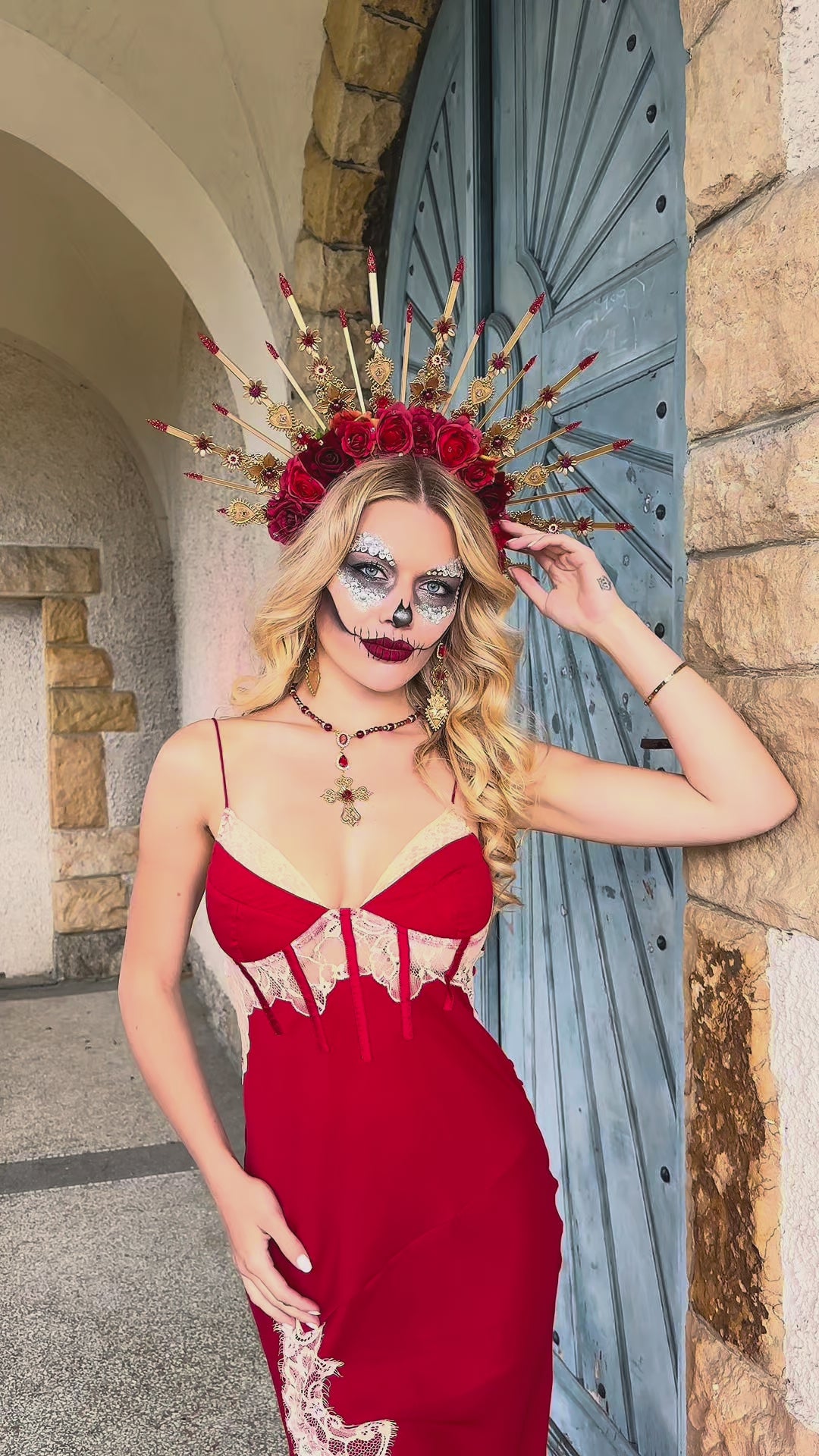 La Catrina Halo Crown, Red Rose Sacred Heart Crown, Día de los Muertos Headpiece, Gold Catrina Headdress