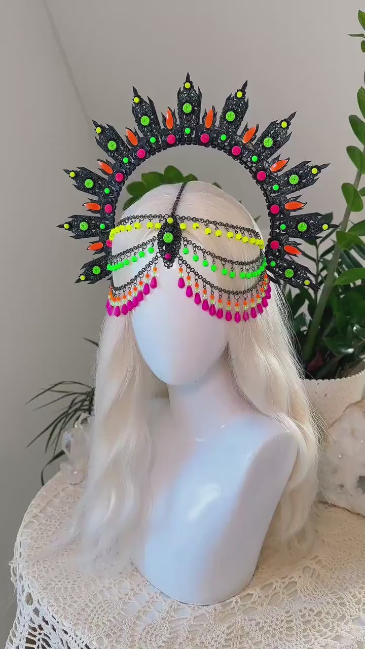 Neon UV Blacklight Halo Crown, Fluorescent Festival Headpiece, Rave Goddess Crown, Burning Man Headdress