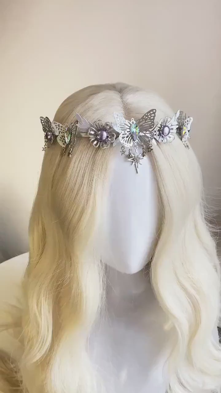 Celestial Butterfly Tiara, Silver Crown, Fairycore Headpiece, Butterfly Festival Tiara, Purple Crystal Crown, Fantasy Hair Accessories