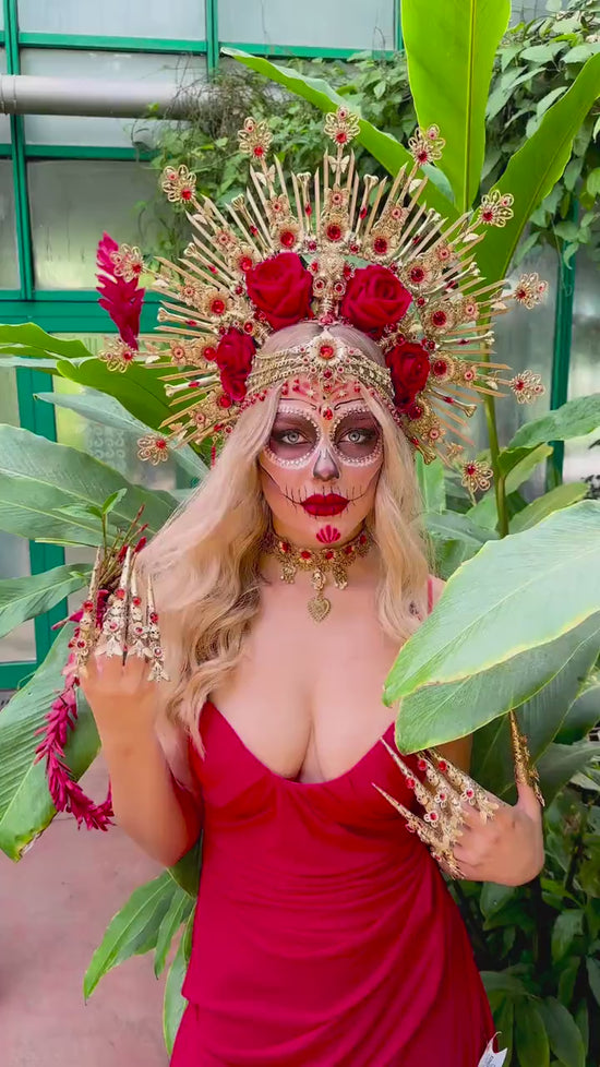 La Catrina Choker Necklace, Gold Filigree, Red Rose Skull Jewelry, Día de Muertos, Gothic Statement Necklace, Handmade Festival Accessory