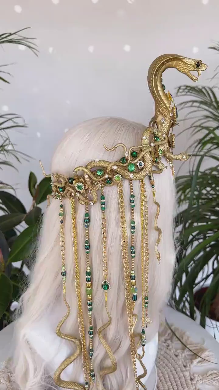 Medusa Snake Crown, Gold Headpiece, Festival Snake Tiara, Emerald Crown, Medusa Costume, Mythical Goddess Halo, Halloween Queen Crown