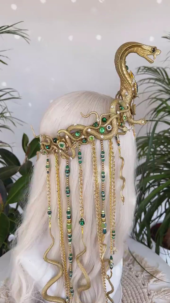 Medusa Snake Crown, Gold Headpiece, Festival Snake Tiara, Emerald Crown, Medusa Costume, Mythical Goddess Halo, Halloween Queen Crown