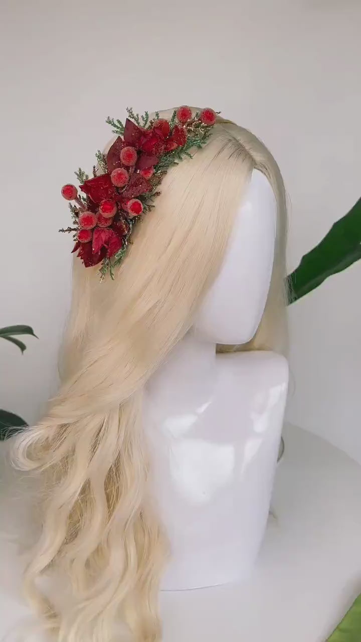 Christmas Red Berry Headband Gold Holiday Hairpiece Winter Floral Tiara Bride Festive Crown Christmas Accessories