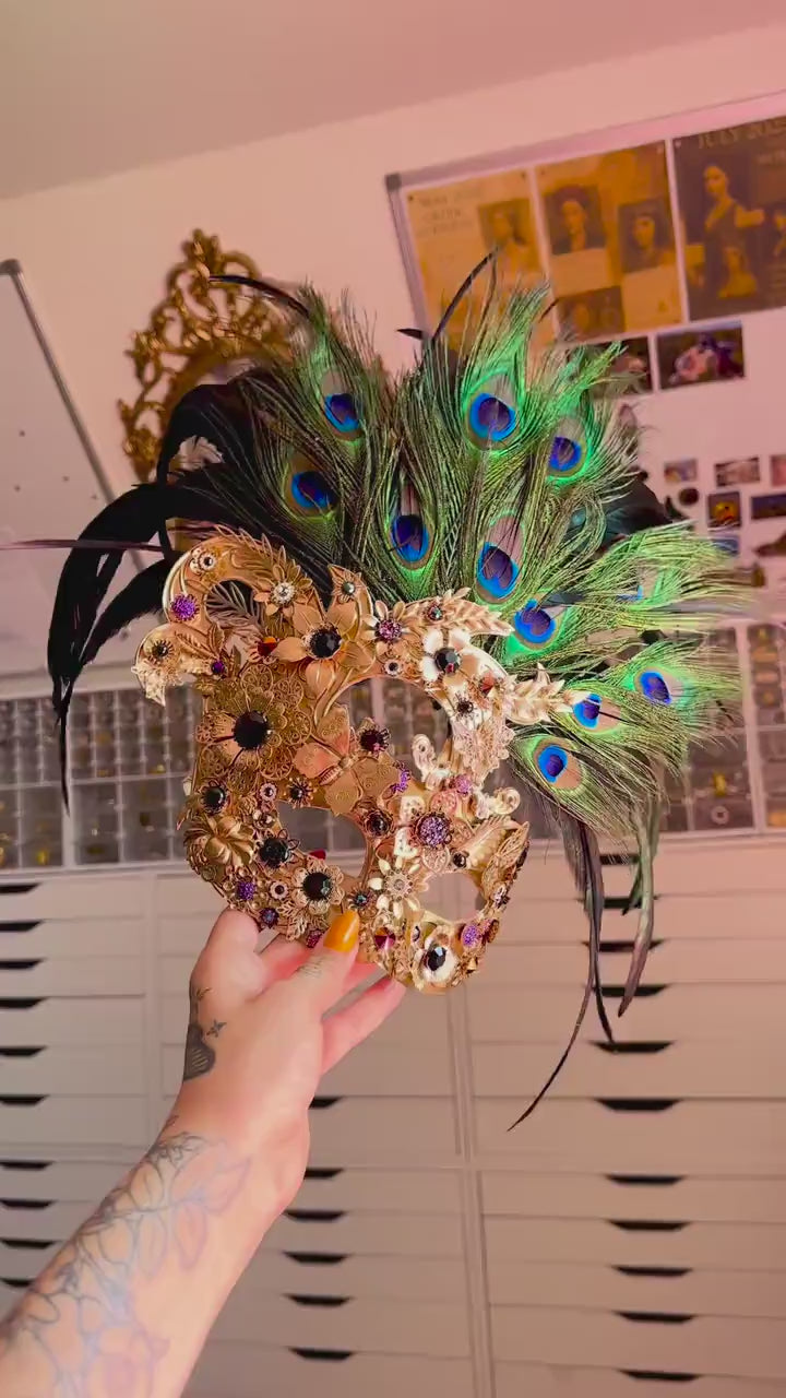 Load and play video in Gallery viewer, Silver Peacock Masquerade Mask Dark Baroque Goddess Headpiece
