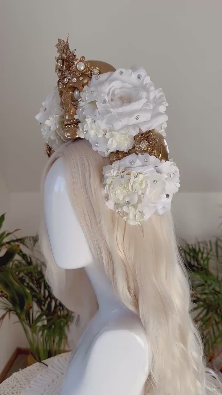 La Catrina White Gold Halo Crown Pearl Skull Headpiece Dia De Los Muertos Floral Goddess Crown