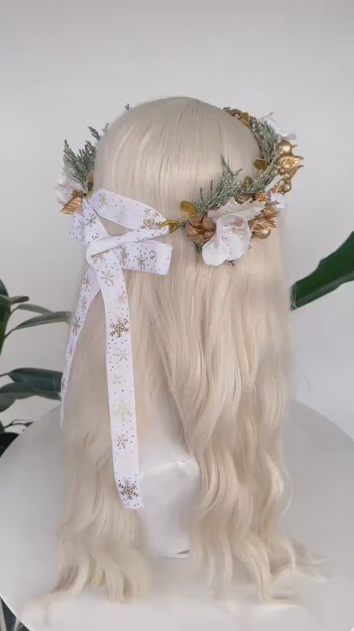 White Gold Christmas Headband Winter Bridal Crown Festive Floral Hairpiece Holiday Tiara Elegant Accessories Snowy Christmas Crown