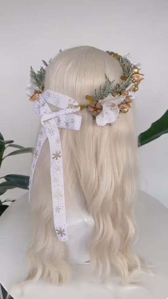 White Gold Christmas Headband Winter Bridal Crown Festive Floral Hairpiece Holiday Tiara Elegant Accessories Snowy Christmas Crown