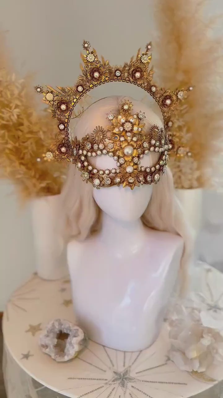 Load and play video in Gallery viewer, Gold Floral Halo Crown Goddess Headpiece Wedding Festival Statement Crown

