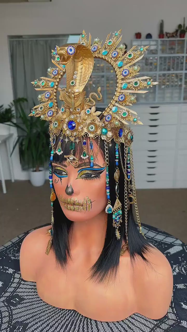 Load and play video in Gallery viewer, Cleopatra Upper Arm Cuffs, Egyptian Arm Bands, Gold Pharaoh Jewelry, Blue Green Goddess Cuffs, Egyptian Costume Accessories
