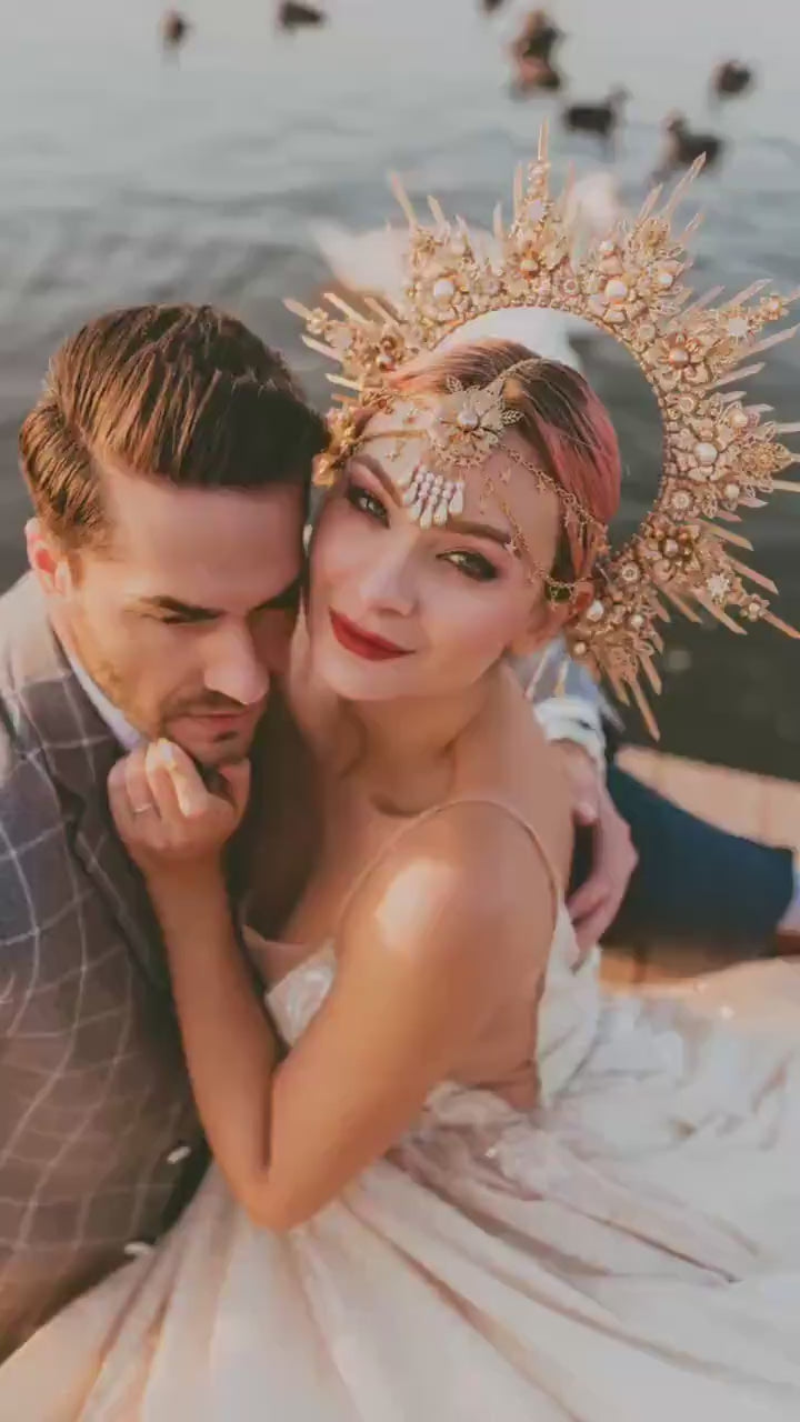 Celestial Bridal Halo Crown Gold Goddess Wedding Headpiece Luxury Photoshoot Crown Maternity Portrait Accessory