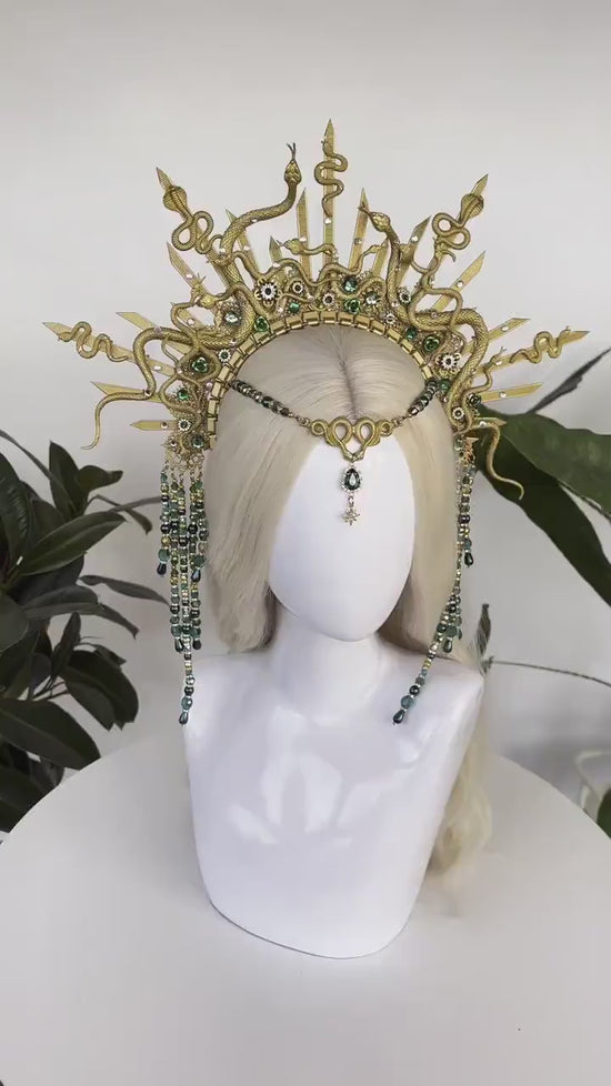 Medusa Crown, Gold Snake Halo, Green Gemstone Headpiece, Goddess Costume Tiara, Halloween Serpent Crown, Mythical Ritual Headdress
