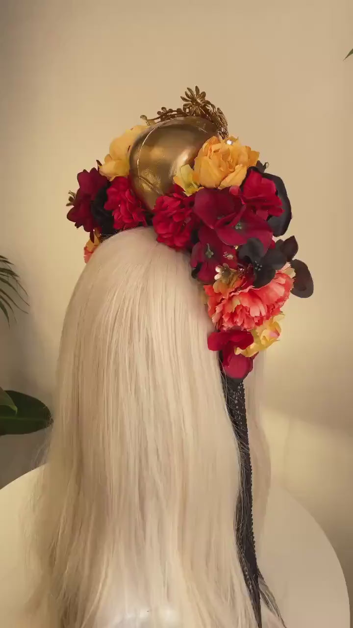 SALE Golden Skull, La Catrina Crown, Day of the Dead, Dia de los Muertos, Floral Headdress, Sugar Skull, Festival Headpiece, Mexican crown