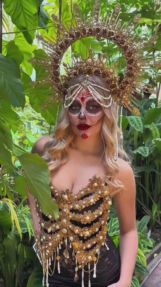 Golden Ribcage Body Jewelry, Dia de los Muertos, Skeleton Harness, Gothic Chest Piece, Pearl Statement, Halloween Costume, Festival Outfit