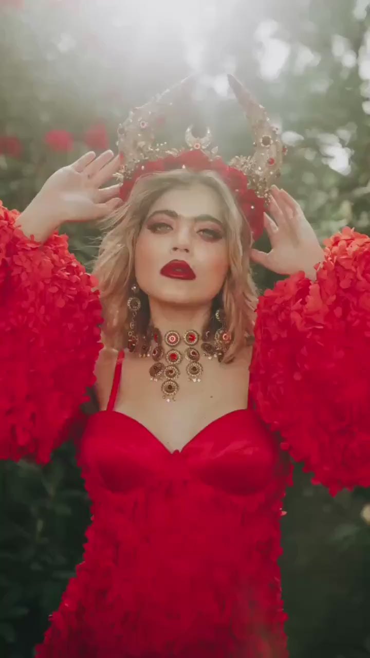 Taurus Horn Crown, Red Rose Headdress, Celestial Bull Halo, Floral Goddess Headpiece, Gold Horns Crown, Zodiac Festival Costume Accessory