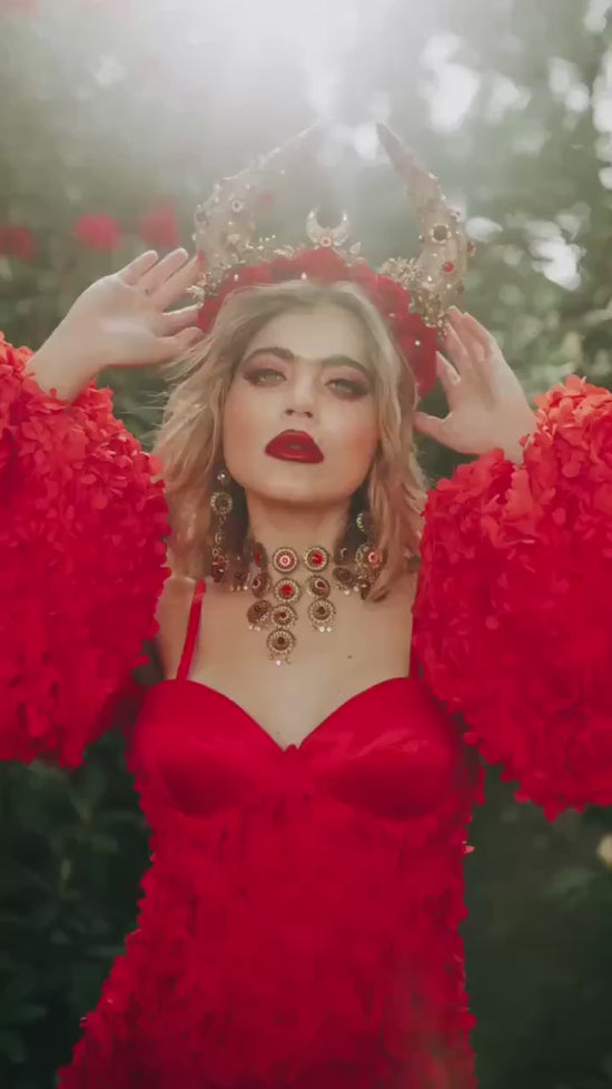 Taurus Horn Crown, Red Rose Headdress, Celestial Bull Halo, Floral Goddess Headpiece, Gold Horns Crown, Zodiac Festival Costume Accessory