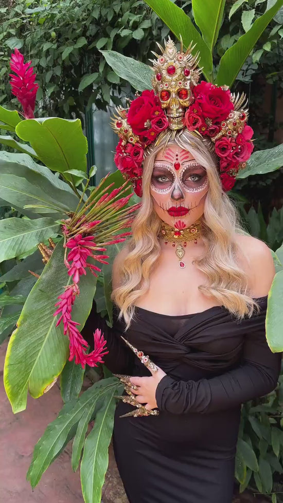 La Catrina Halo Crown, Red Flower Crown, Skull Headpiece, Gothic Headpiece, Mexican Headdress, Handmade Festival Crown,Day of the Dead Tiara