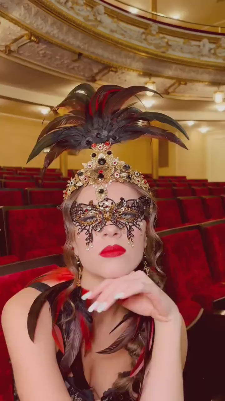 Black Red Goddess Feather Crown Crystal Embellished Luxury Carnival Headpiece