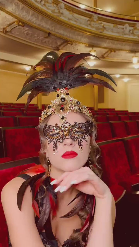 Black Red Goddess Feather Crown Crystal Embellished Luxury Carnival Headpiece