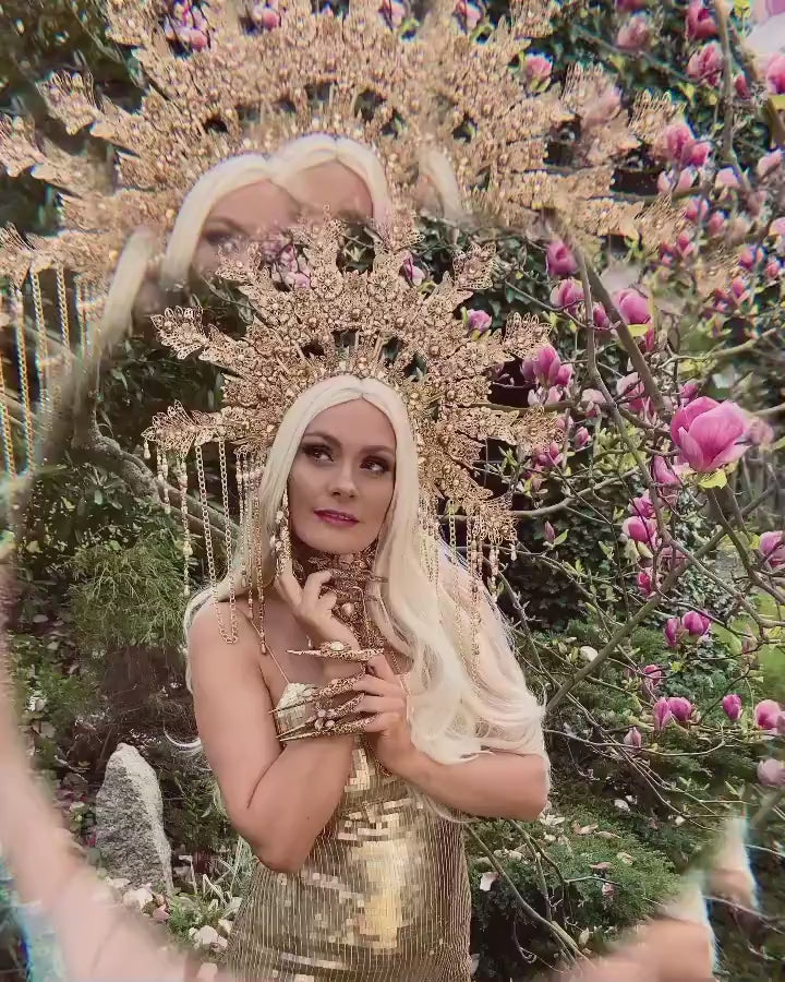 Golden Flower Halo Crown, Pearl Headpiece, Festival Tiara, Handmade Wedding Crown, Boho Goddess Accessories, Celestial Statement Headband