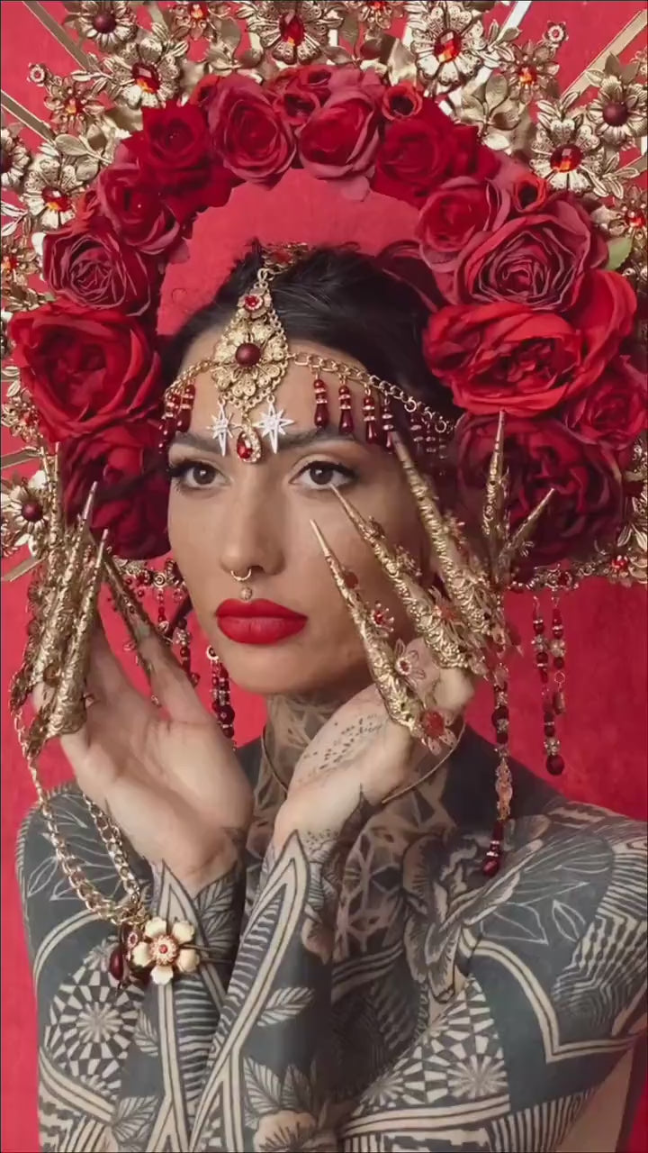 Golden Celestial Halo Crown Red Rose Goddess Bridal Festival Maternity Headpiece