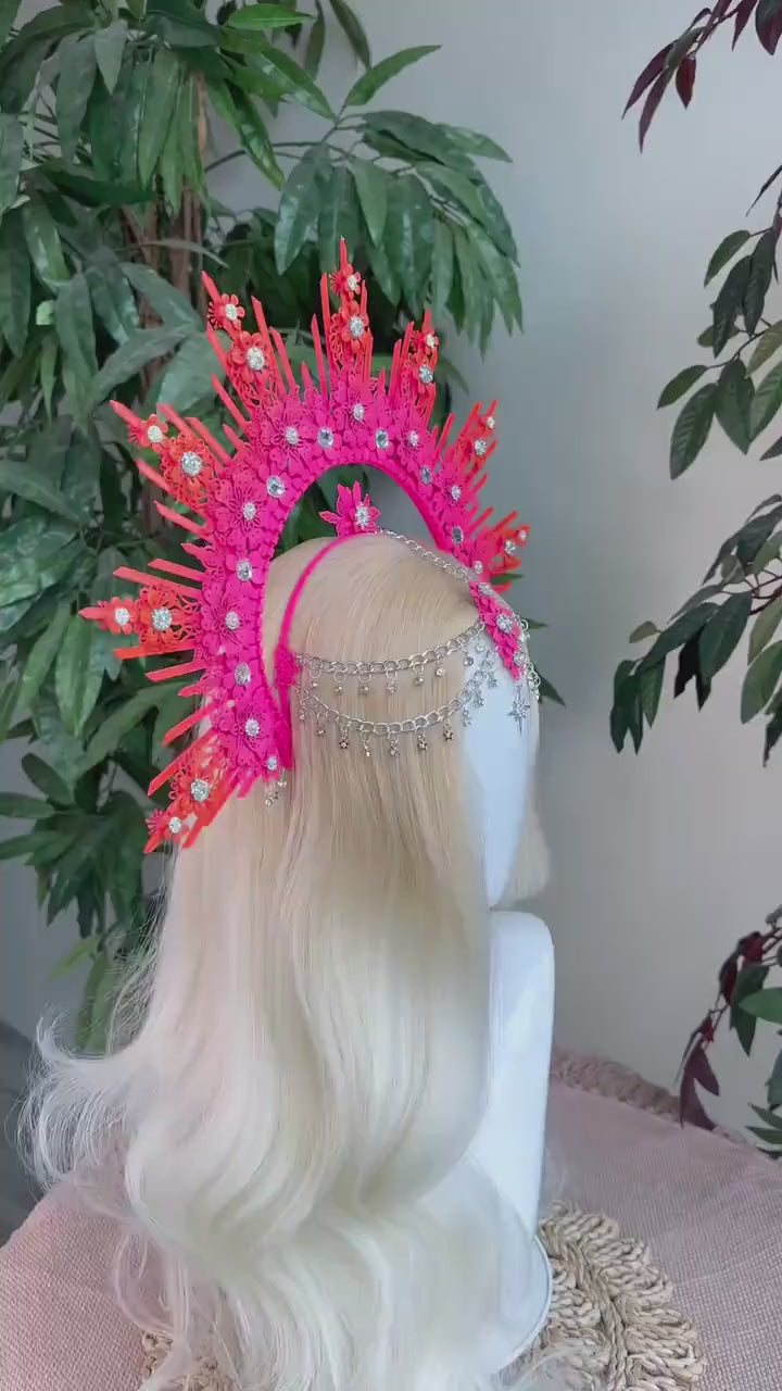 Pink Orange Festival Crown, Floral Goddess Headpiece, Boho Halo Crown, Statement Costume Accessory, Extravagant Headband