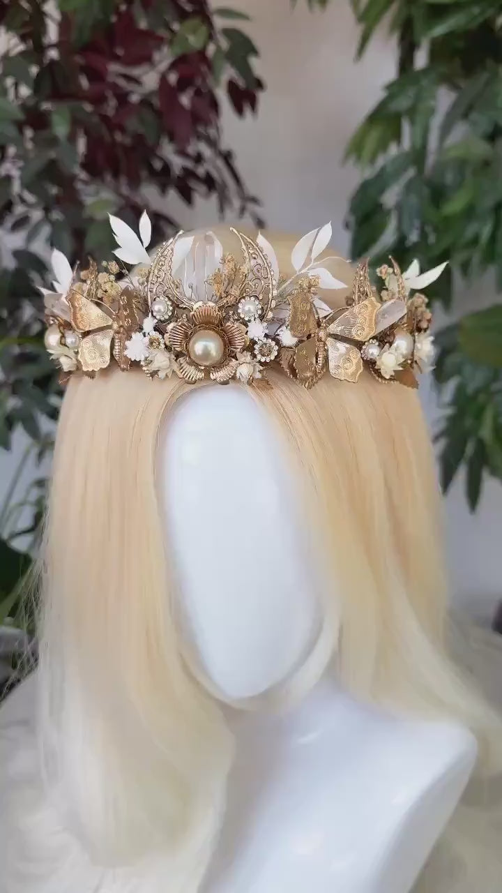 Golden Moon Butterfly Crown, Boho Wedding Tiara, Crystal Pearl Headpiece, Celestial Bridal Crown, Handmade Goddess Tiara, Fairy Festival