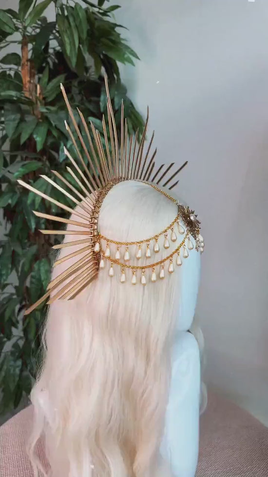 Celestial Halo Crown, Bridal Festival Headpiece, Golden Wedding Tiara, Boho Maternity Photoshoot Crown, Ceremony Headpiece