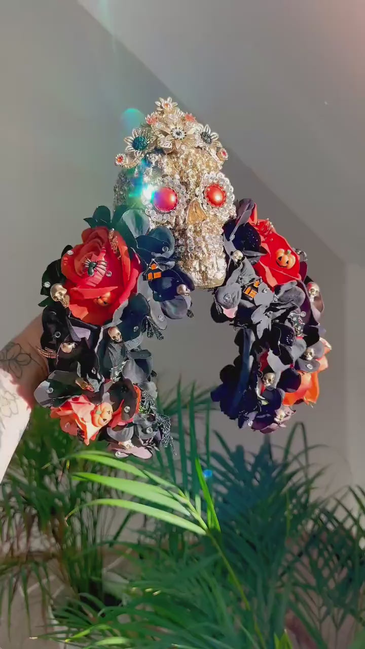 SALE Halloween Skull Crown Black Orange Roses Gothic Headpiece Crystal Skull Costume Spooky Pumpkin Bat Spider Witch Accessories